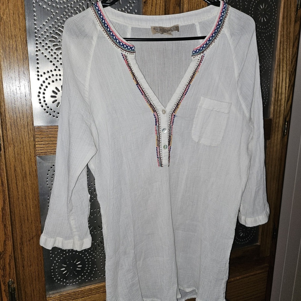 Boho White Linen Tunic, Colored Stitching And Beads Trim Neckline Sz XL